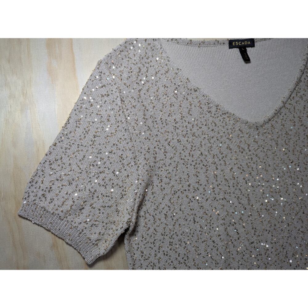 Escada Sagira Top Large Silk Cotton Sequin Knit Short Sleeve Blouse Beige Italy - Picture 5 of 16